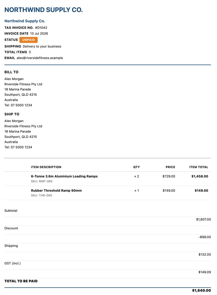 A branded sample tax invoice with a pay-now button, generated by Draft Order Sync